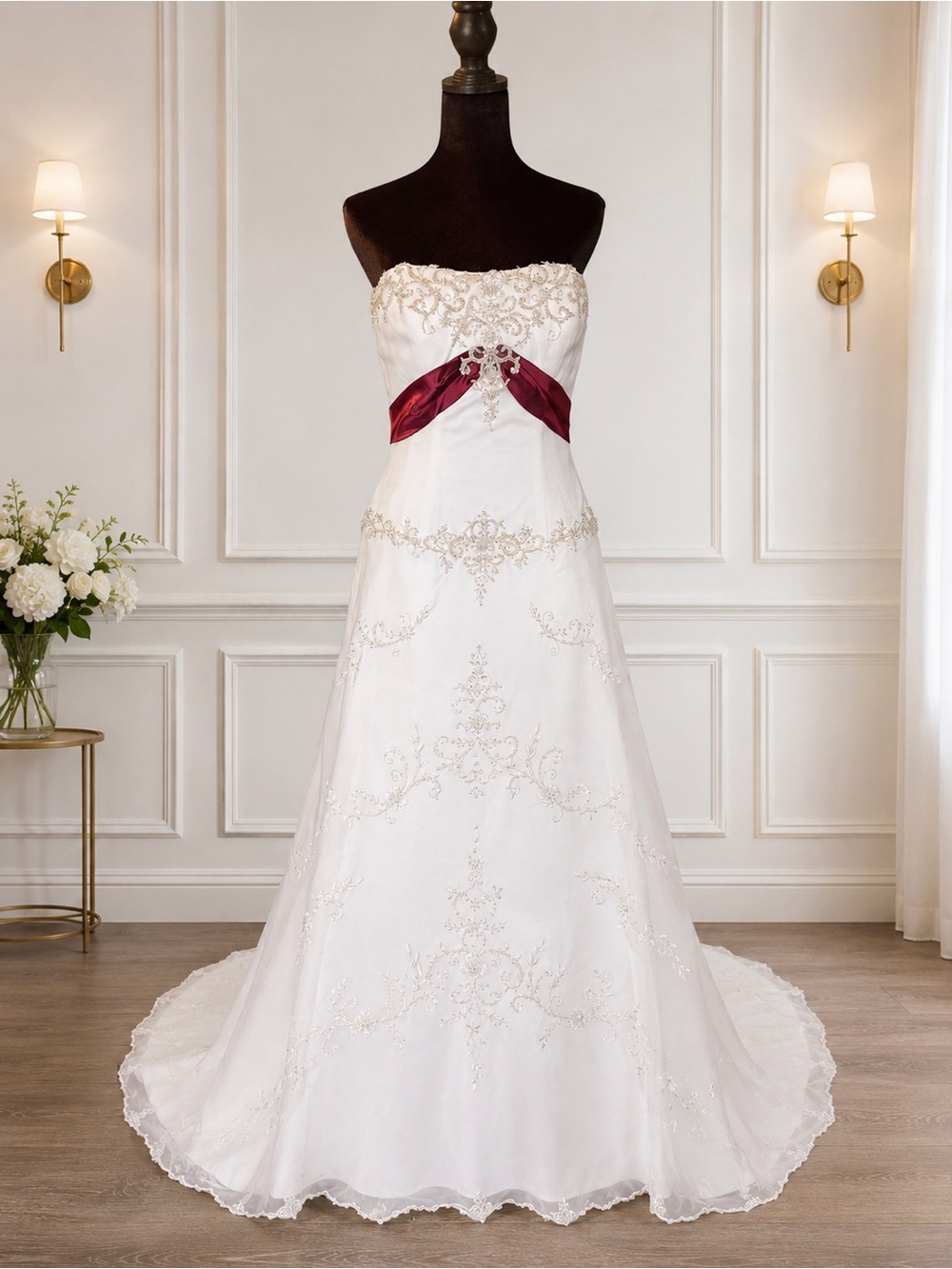 Strapless White Bridal Gown with Burgundy Sash, NWT, Size 10